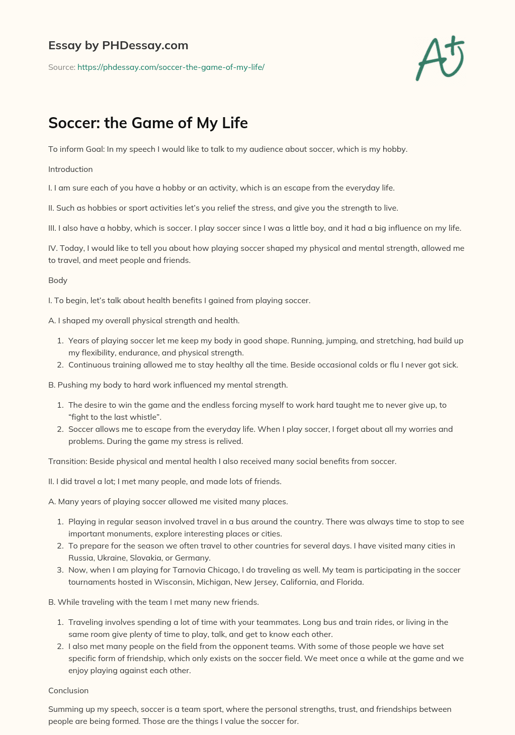 Soccer: the Game of My Life essay