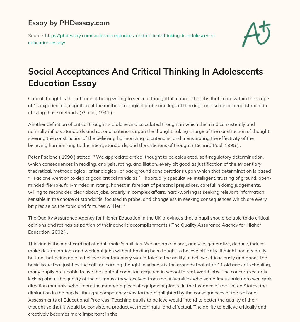 Social Acceptances And Critical Thinking In Adolescents Education Essay essay