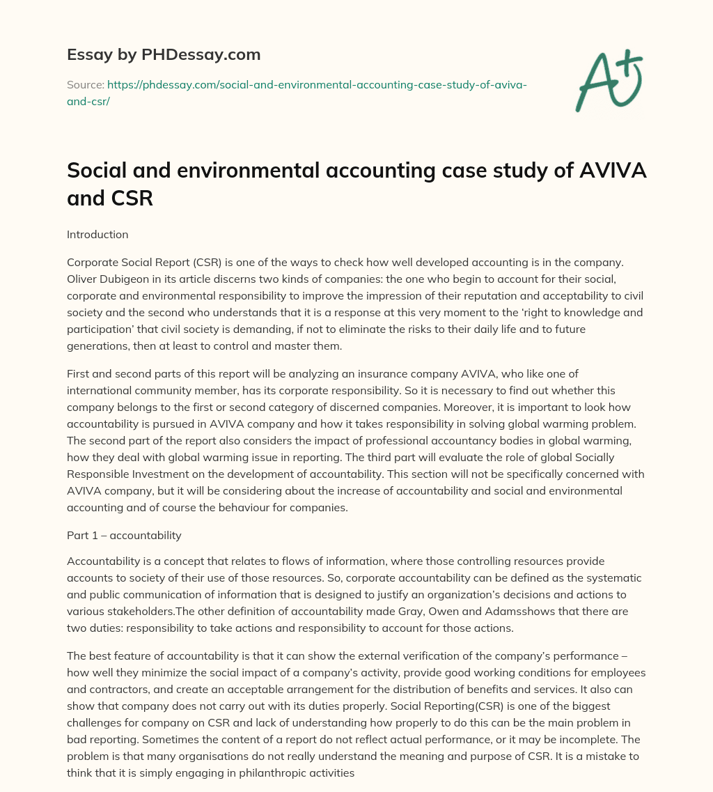 Social and environmental accounting case study of AVIVA and CSR essay