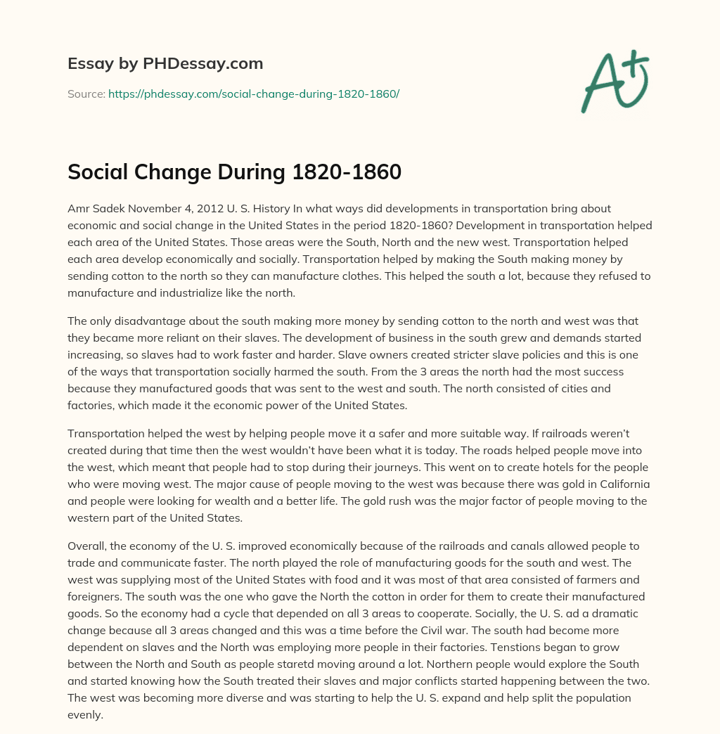 Social Change During 1820-1860 essay