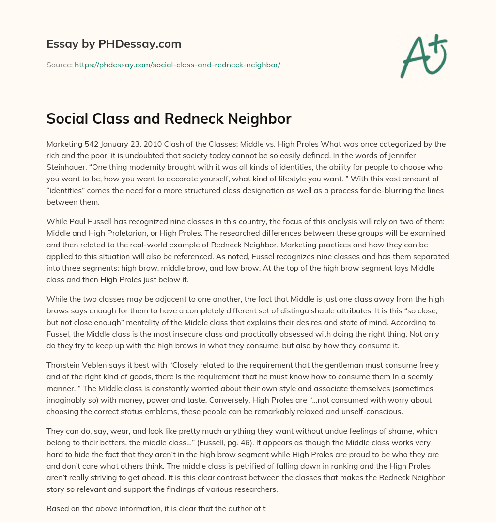 Social Class and Redneck Neighbor essay