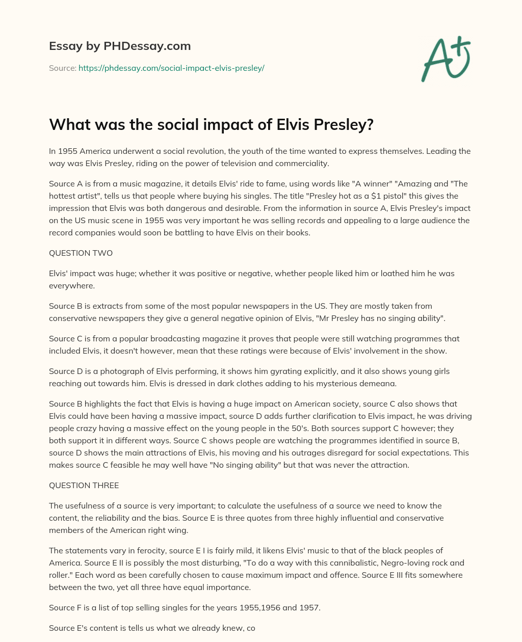 What was the social impact of Elvis Presley? essay