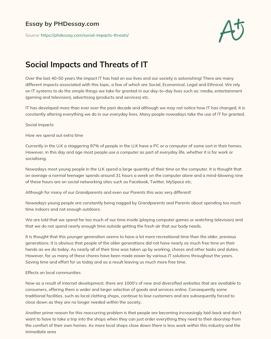 Social Impacts and Threats of IT essay