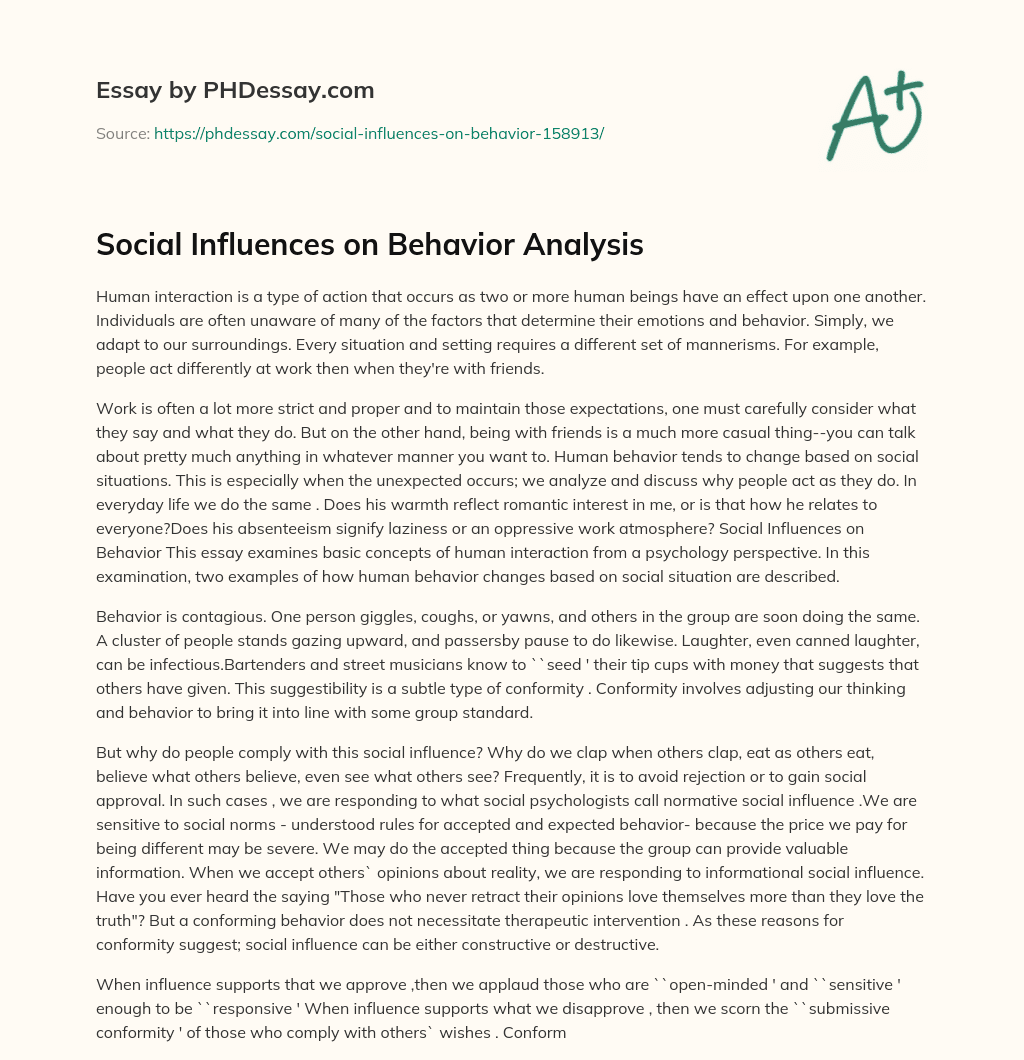 Social Influences on Behavior Analysis essay