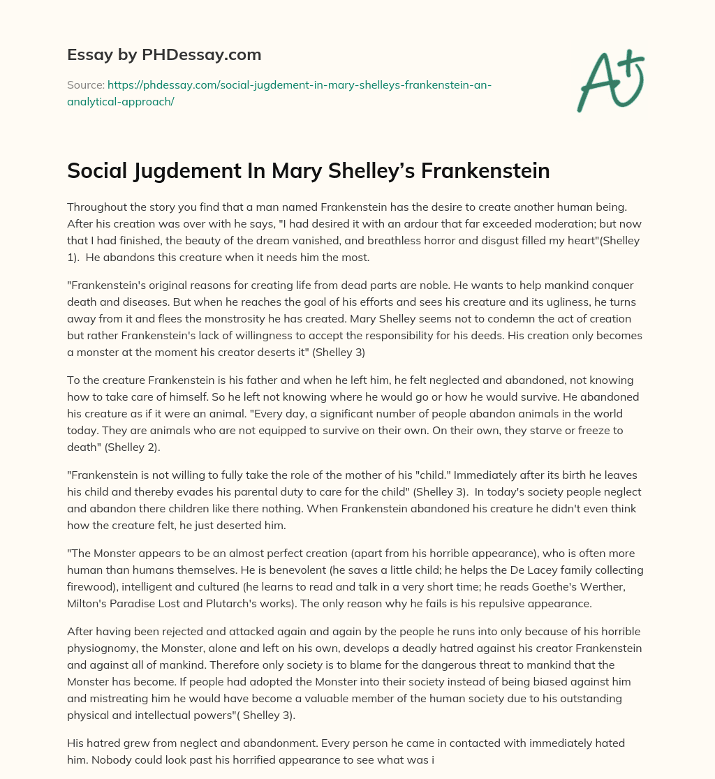 Social Jugdement In Mary Shelley’s Frankenstein essay