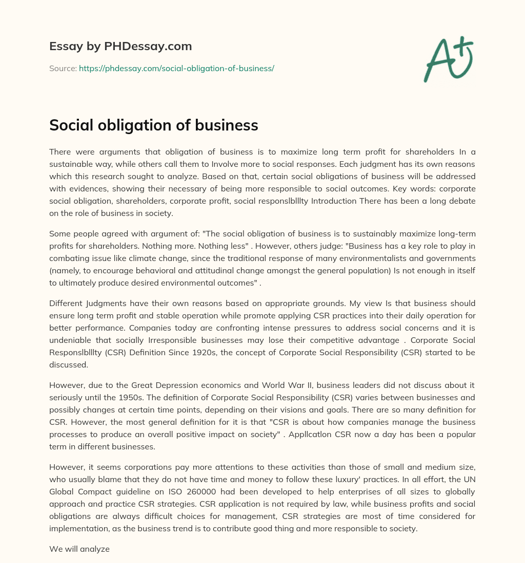 Social obligation of business essay