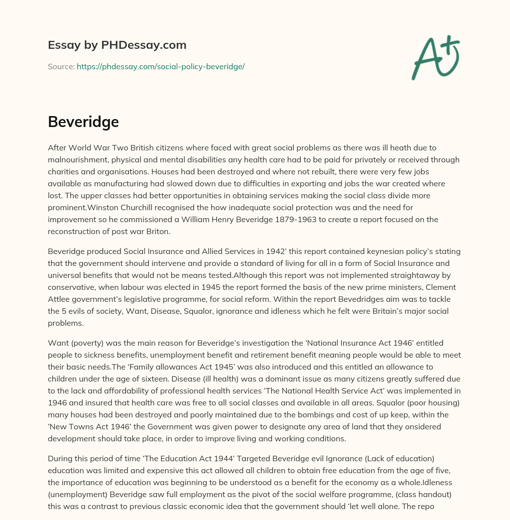 Post-WWII Social Problems in Britain and the Beveridge Report’s Solution essay