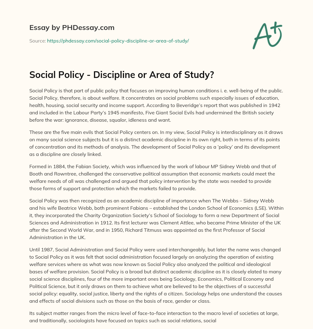 Social Policy – Discipline or Area of Study? essay