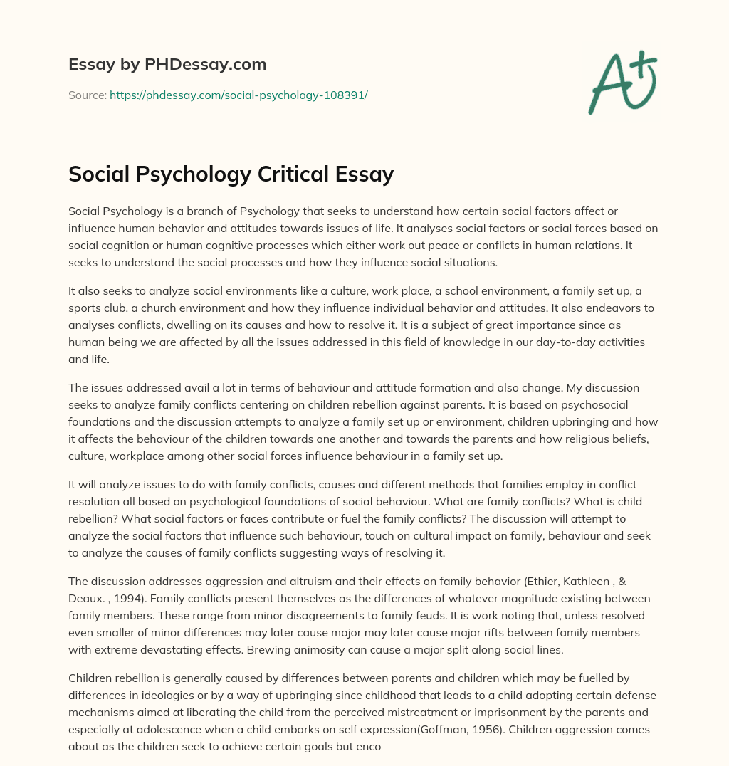 Social Psychology Critical Essay essay