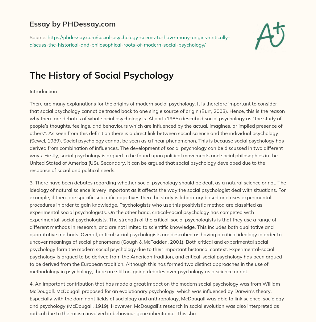 The History of Social Psychology essay