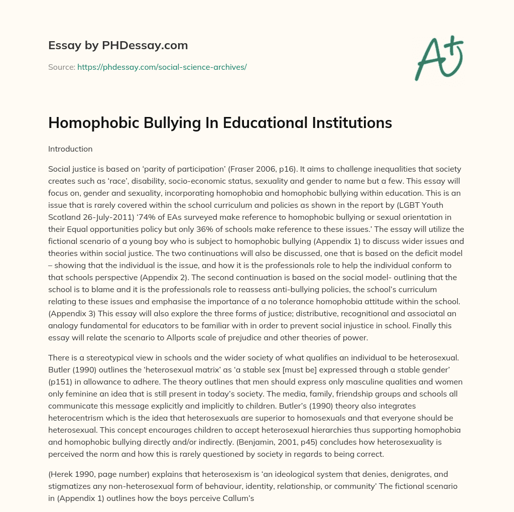 Homophobic Bullying In Educational Institutions essay