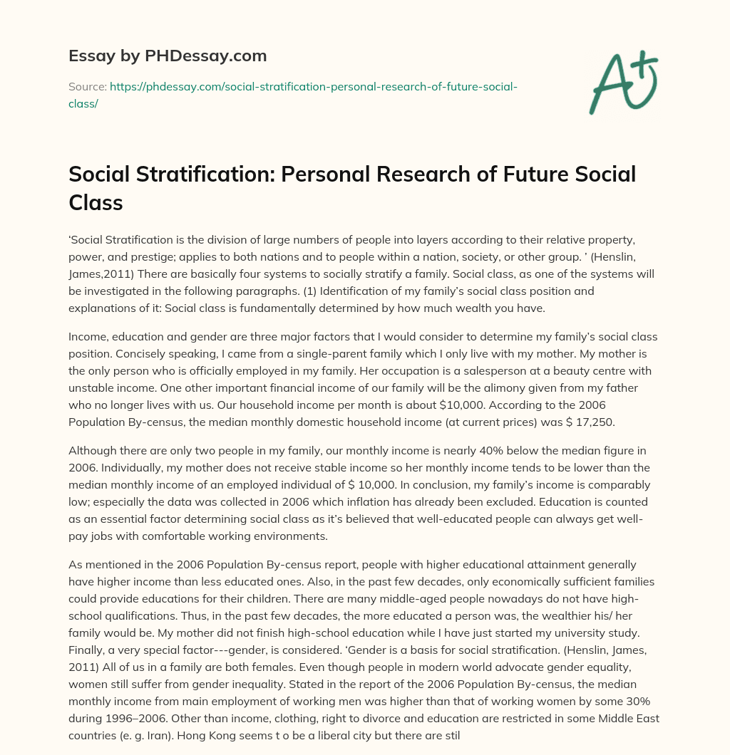 Social Stratification: Personal Research of Future Social Class essay