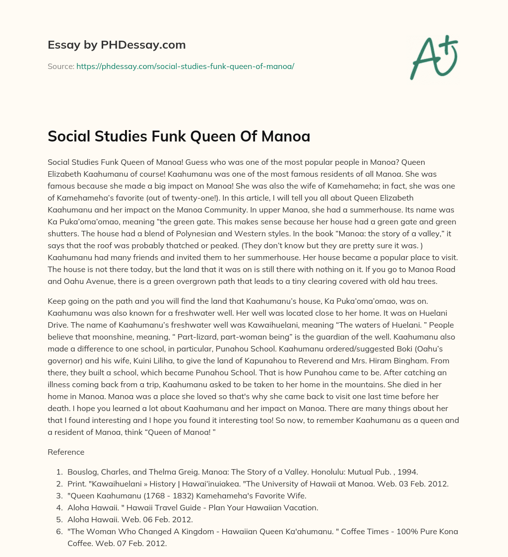 Social Studies Funk Queen Of Manoa essay