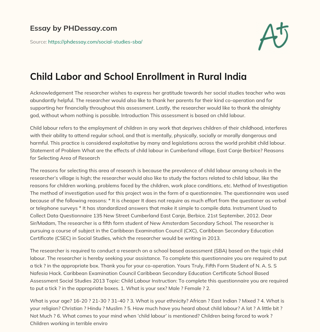 Child Labor and School Enrollment in Rural India essay