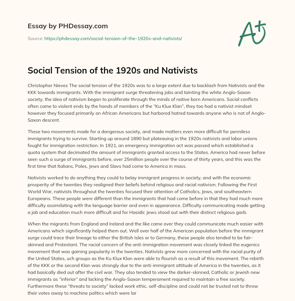 Social Tension of the 1920s and Nativists essay