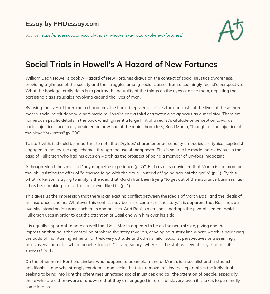 Social Trials in Howell’s A Hazard of New Fortunes essay