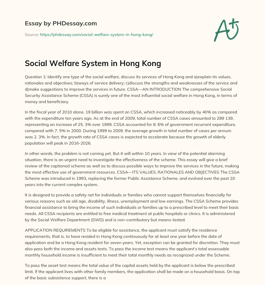 Social Welfare System in Hong Kong essay