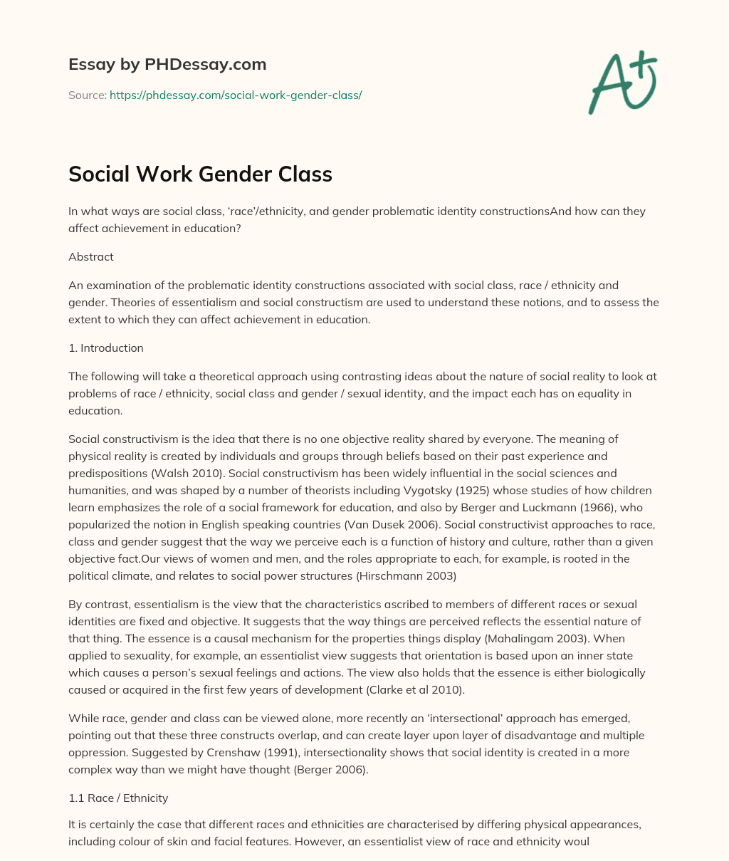 Social Work Gender Class essay