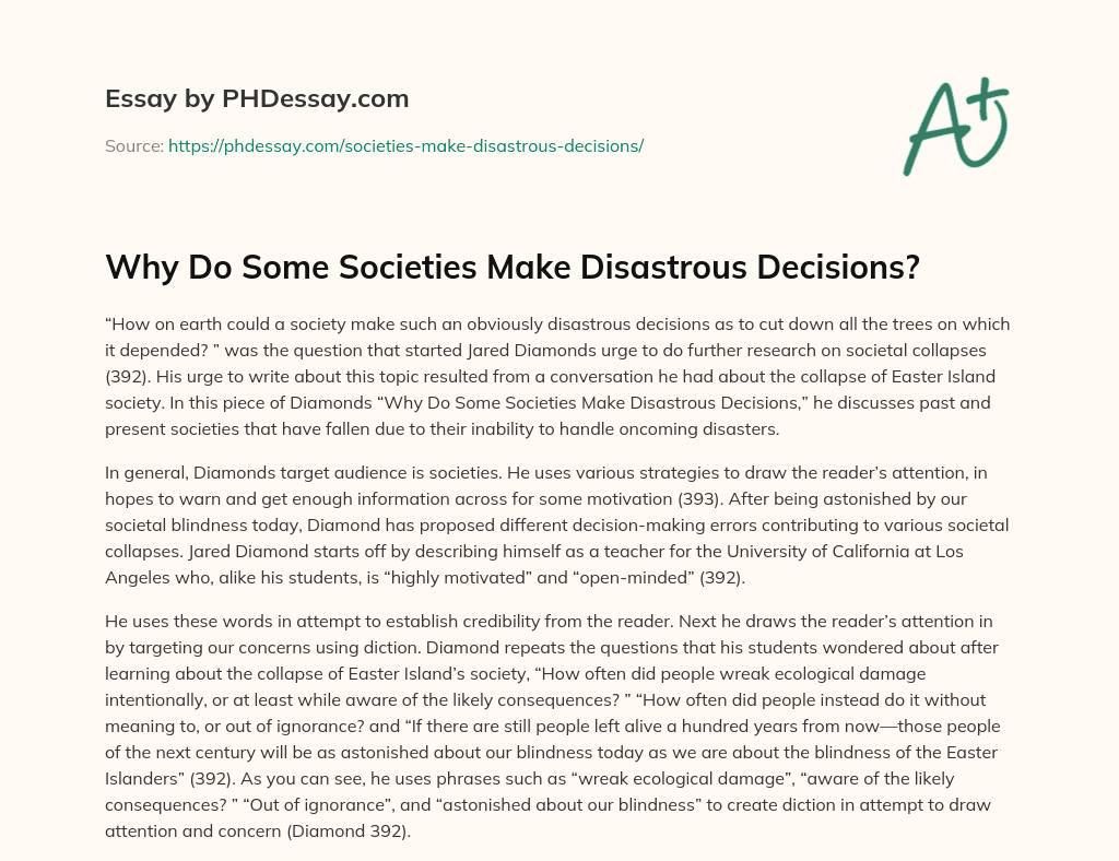 Why Do Some Societies Make Disastrous Decisions? essay