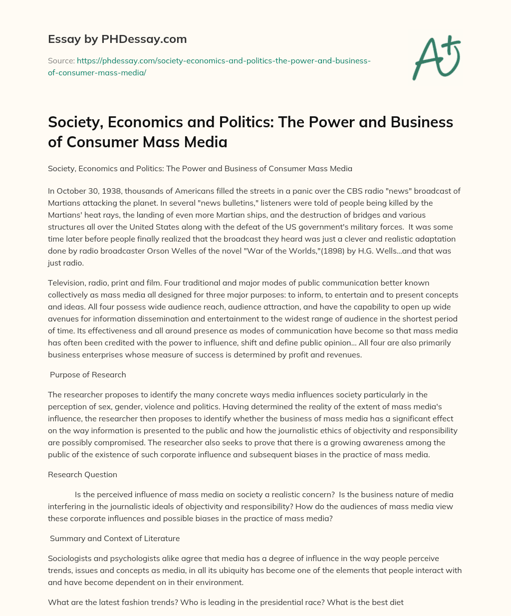 Society, Economics and Politics: The Power and Business of Consumer Mass Media essay