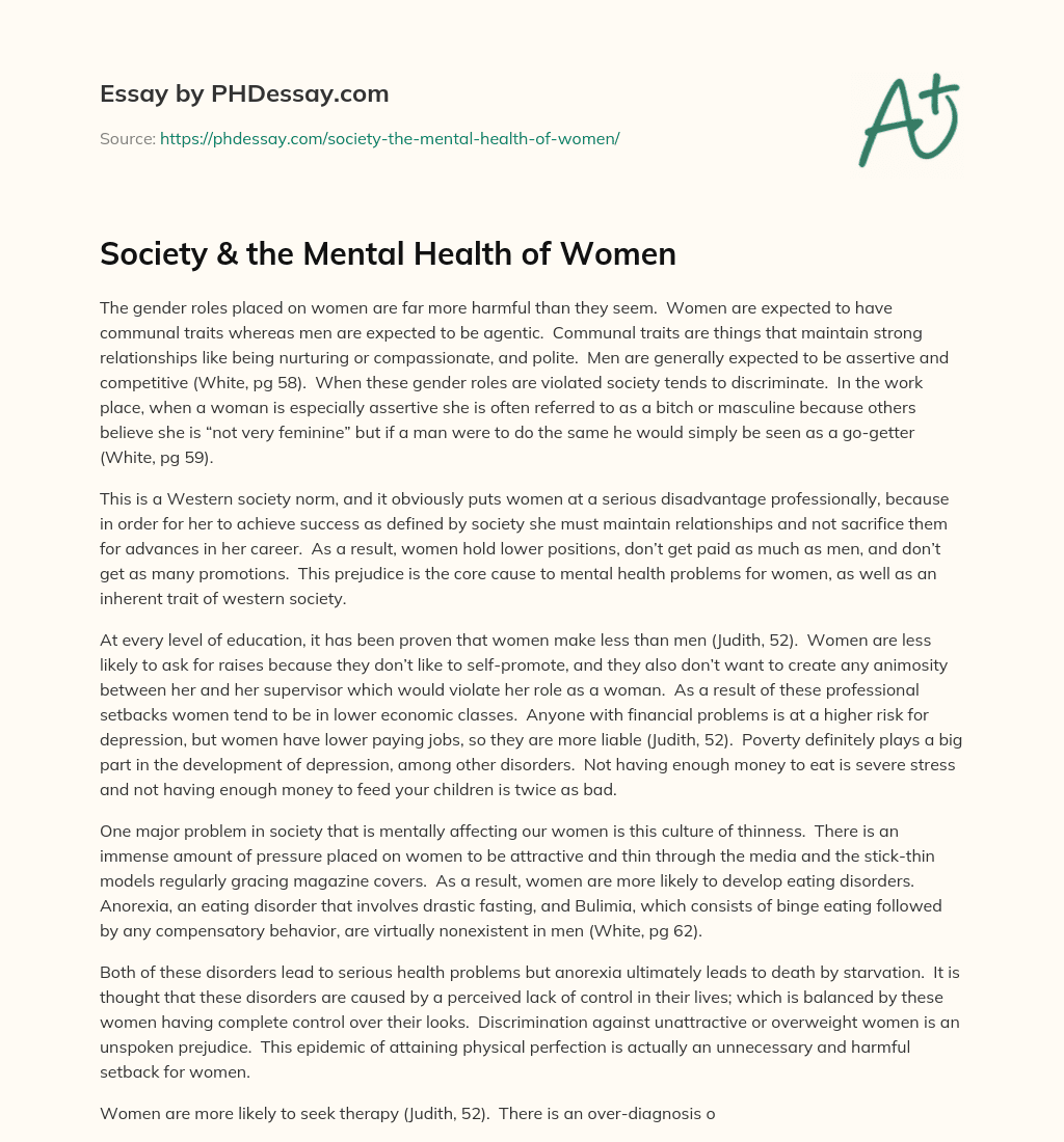 Society & the Mental Health of Women essay