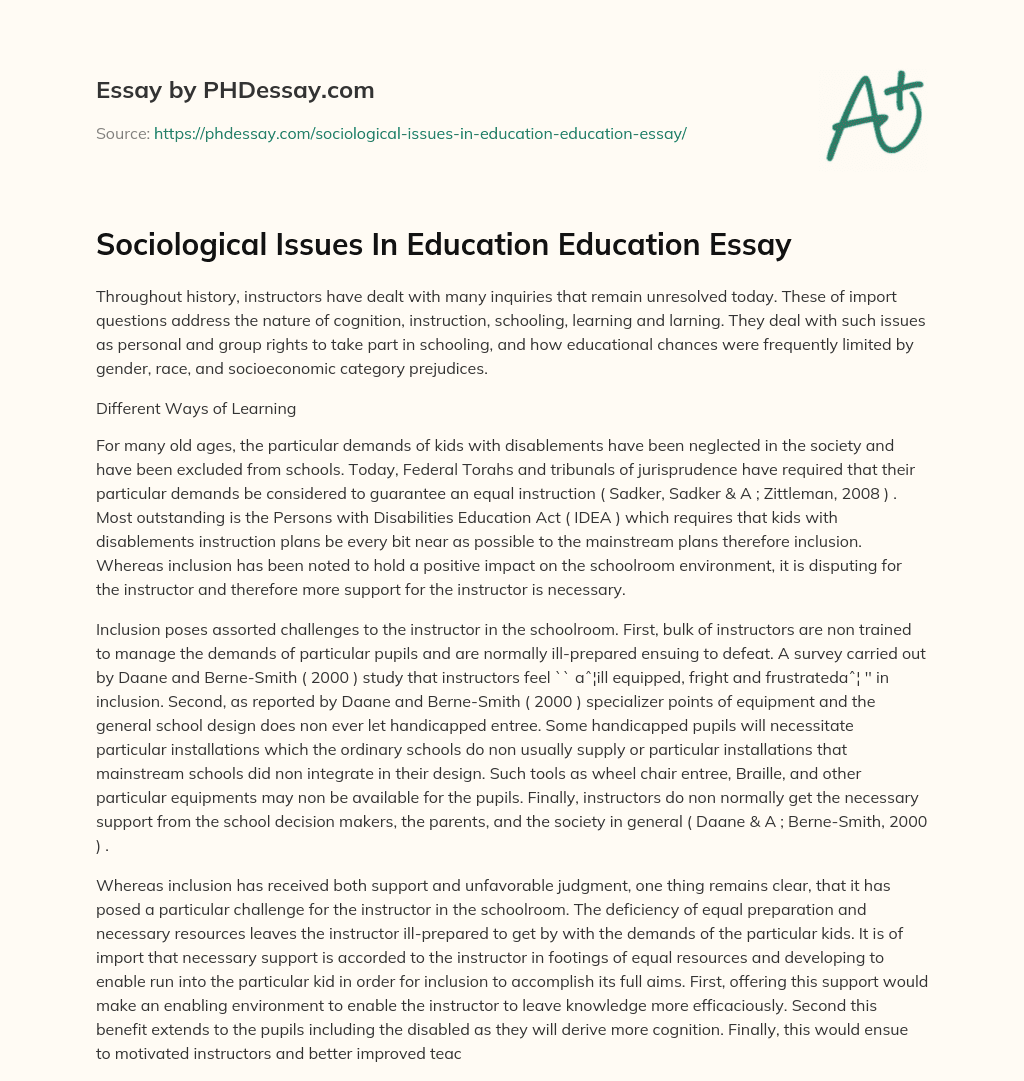 Sociological Issues In Education Education Essay essay
