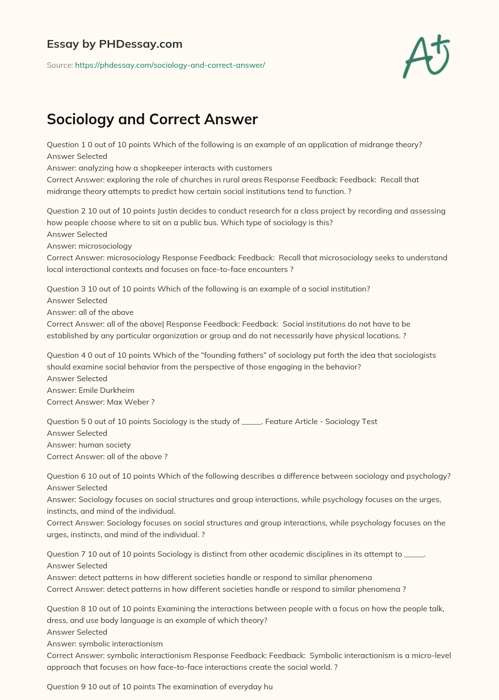 Sociology and Correct Answer essay