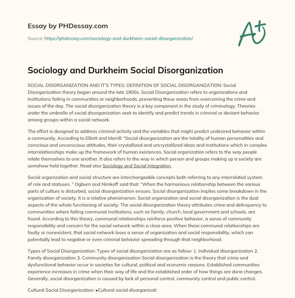 Sociology and Durkheim Social Disorganization essay