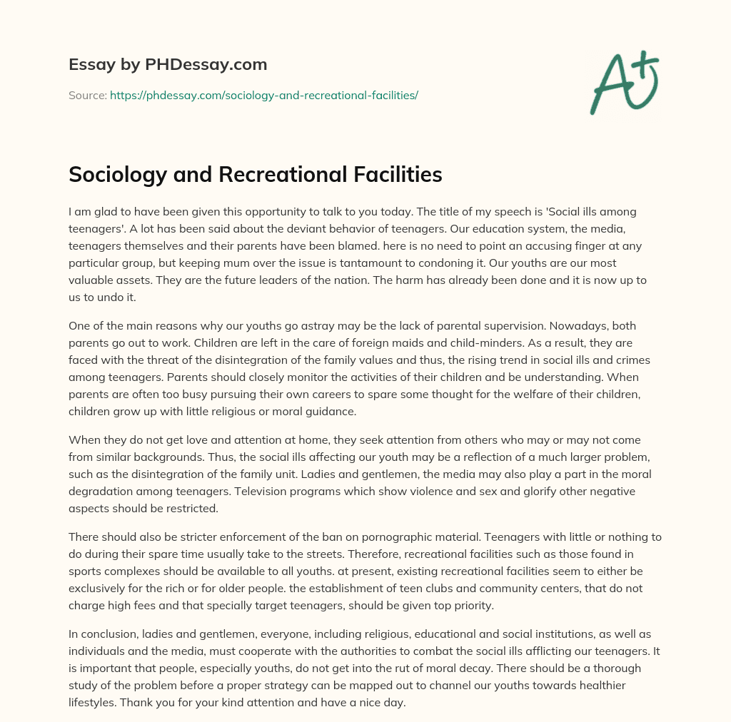 Sociology and Recreational Facilities essay