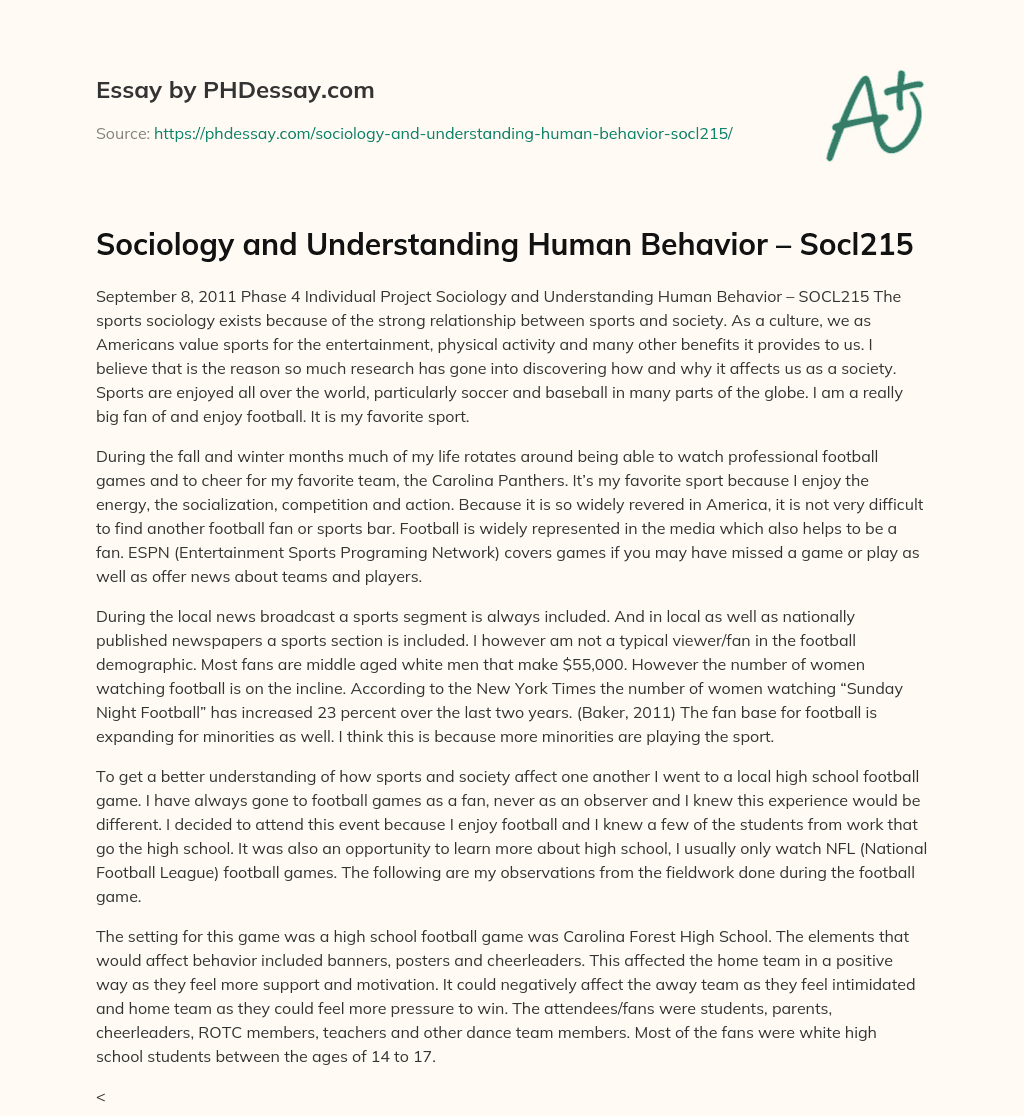 Sociology and Understanding Human Behavior – Socl215 essay
