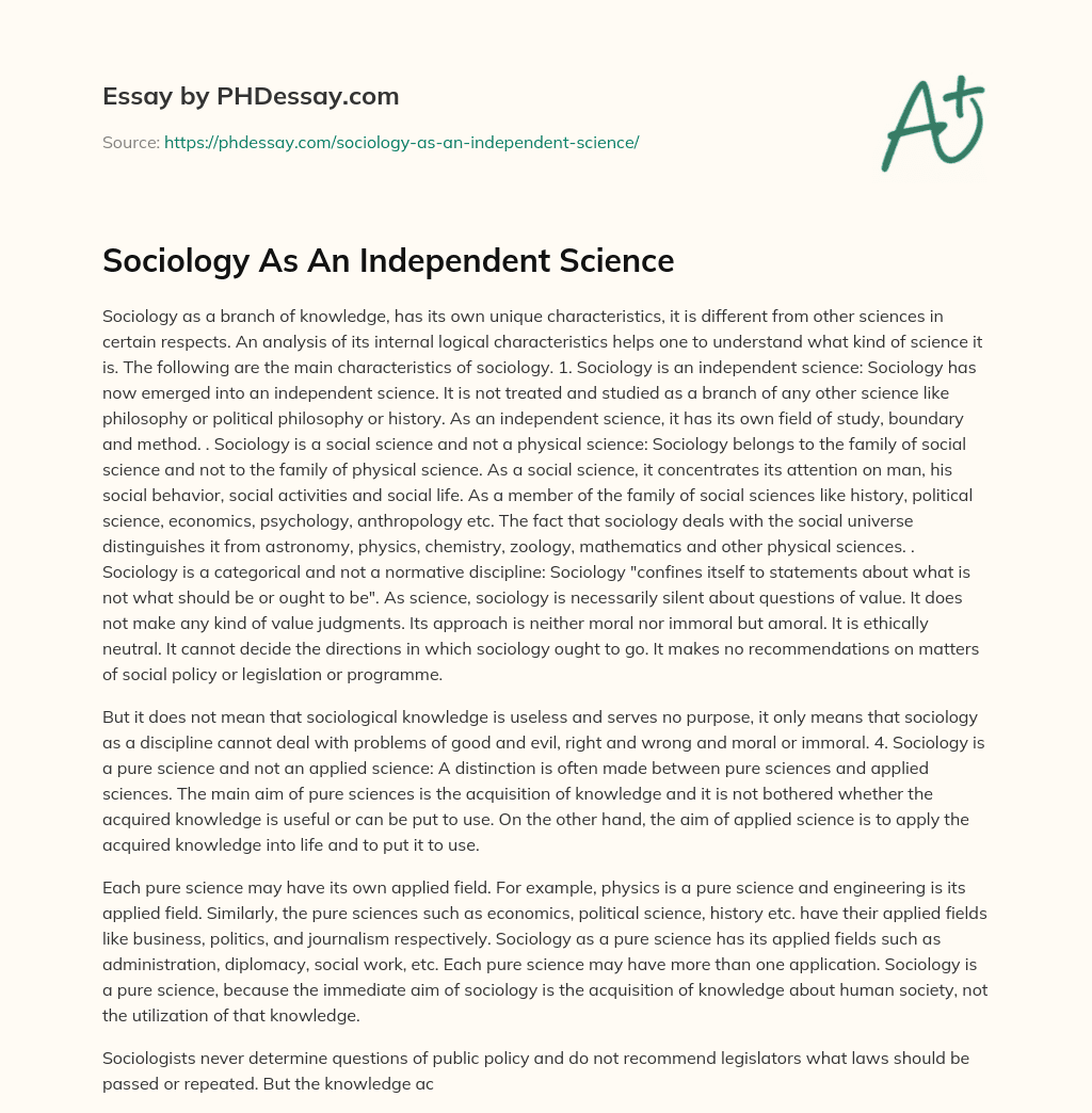 Sociology As An Independent Science essay