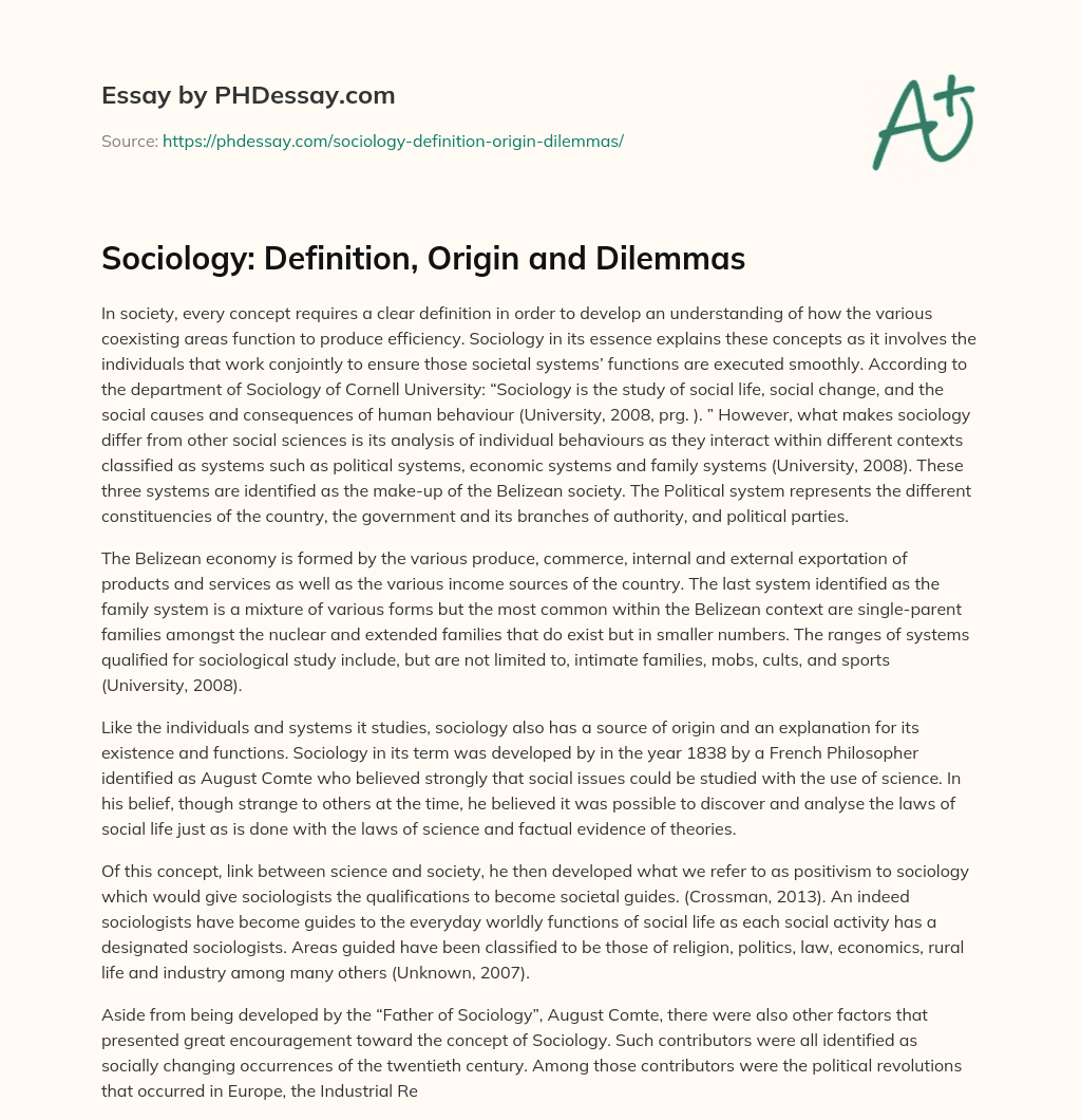 Sociology: Definition, Origin and Dilemmas essay