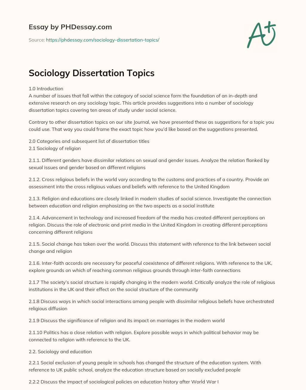 Sociology Dissertation Topics essay
