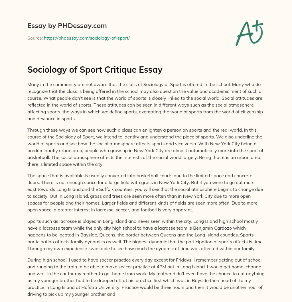 Sociology of Sport Critique Essay essay