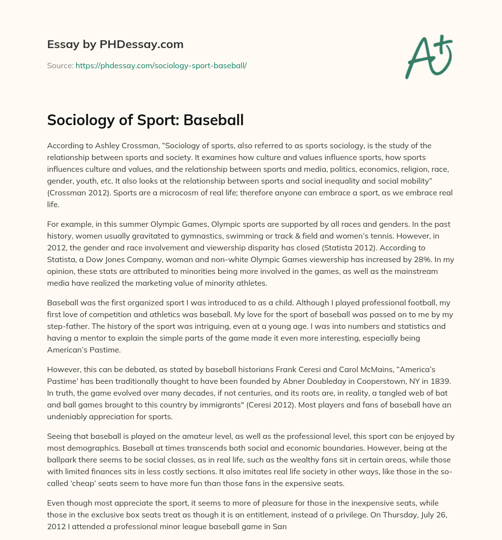 Sociology of Sport: Baseball essay