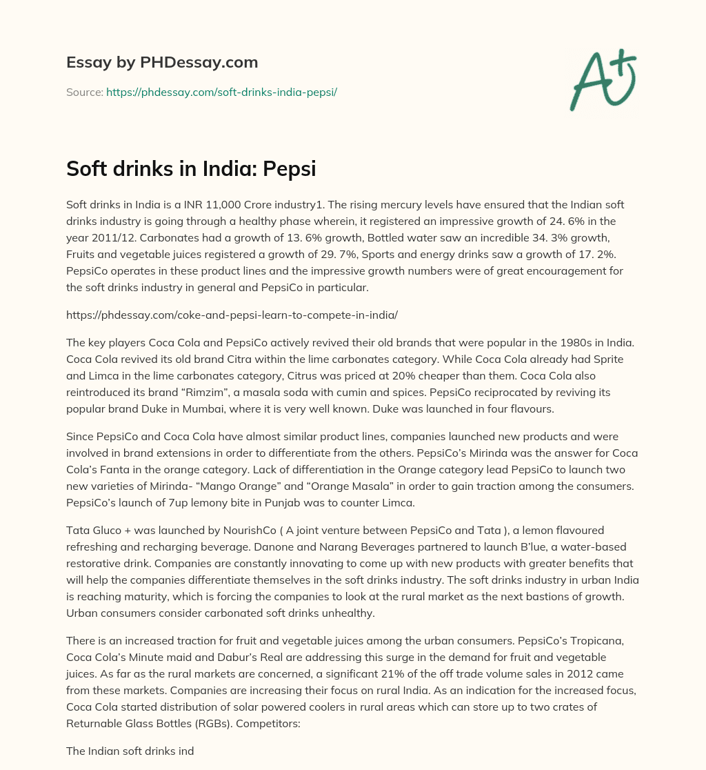 Soft drinks in India: Pepsi essay