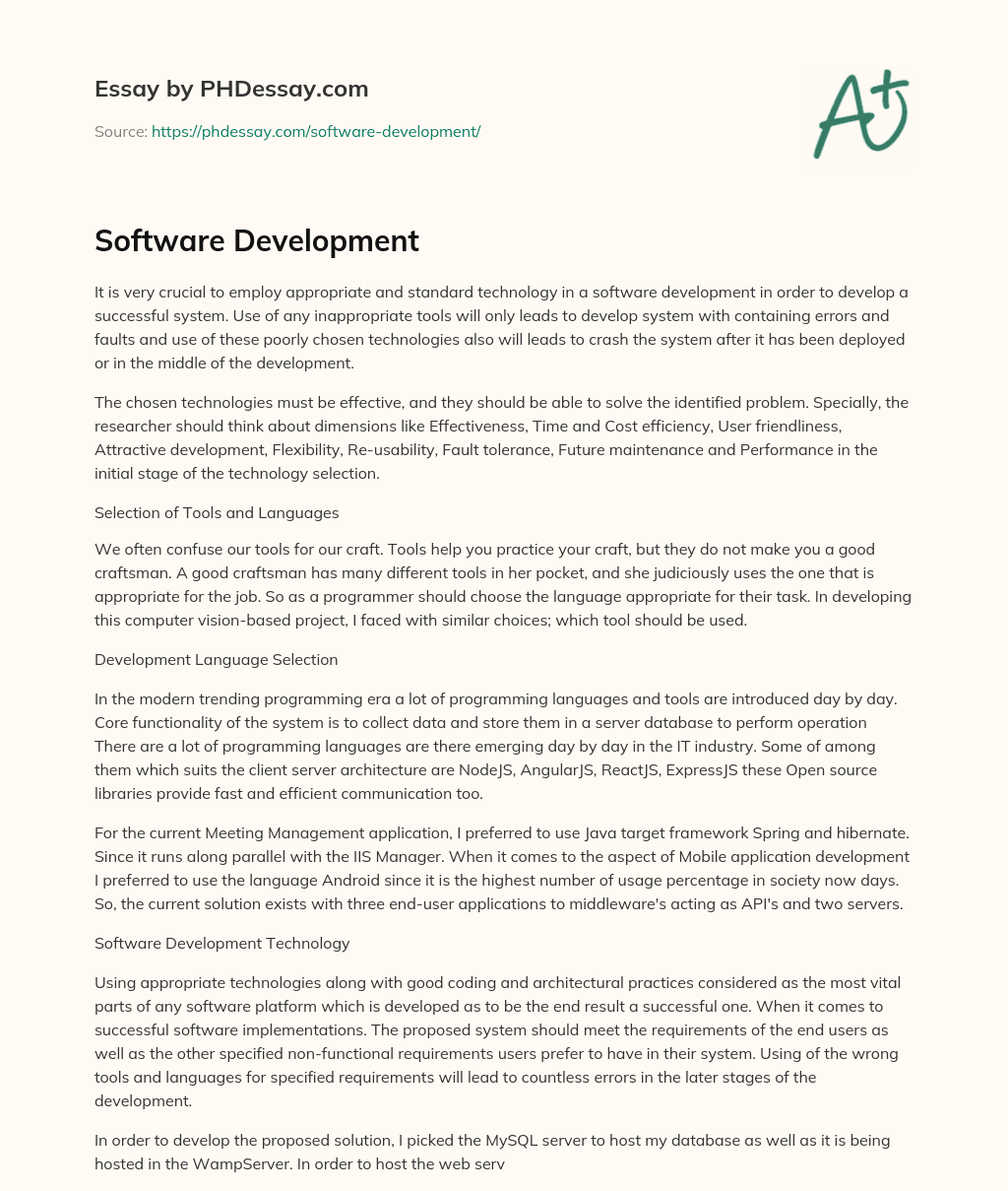 Software Development 500 Words PHDessay