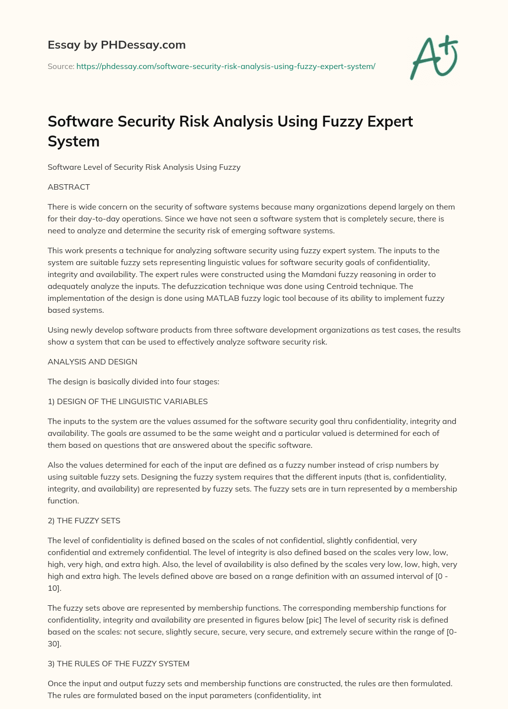 Software Security Risk Analysis Using Fuzzy Expert System essay