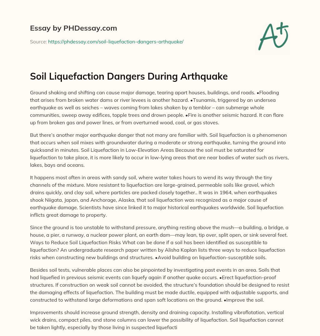 Soil Liquefaction Dangers During Arthquake 500 Words Phdessay