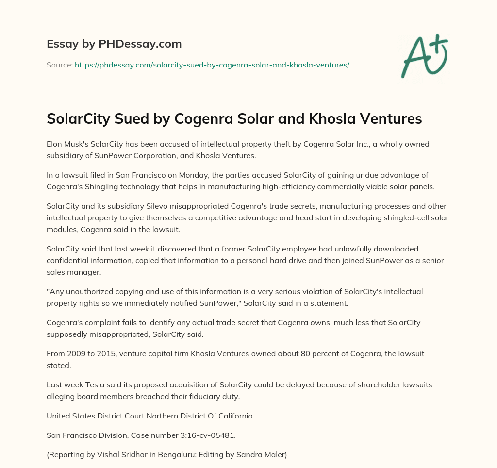 SolarCity Sued by Cogenra Solar and Khosla Ventures essay