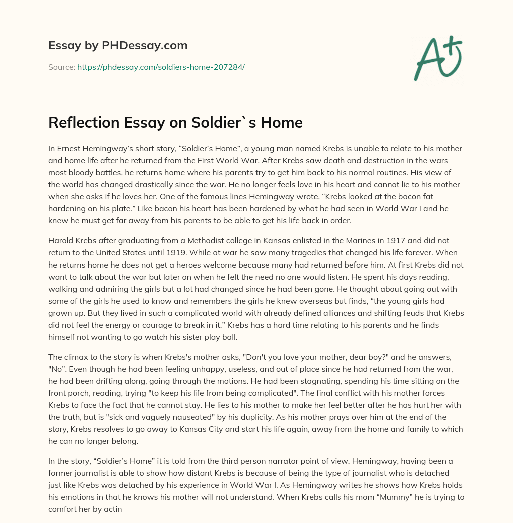 Reflection Essay on Soldier`s Home essay