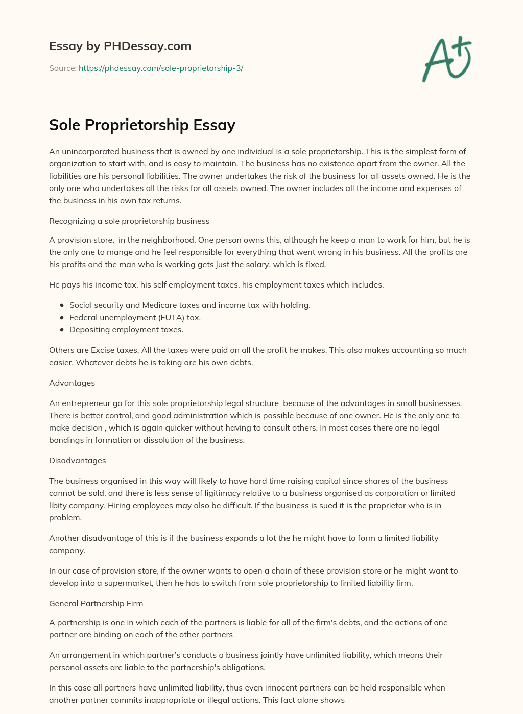 Sole Proprietorship Essay essay