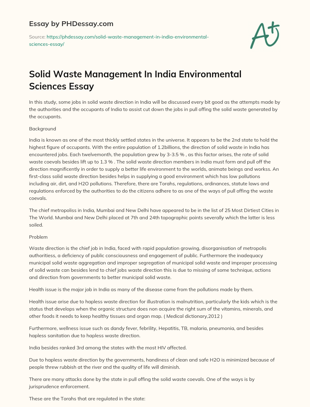 Solid Waste Management In India Environmental Sciences Essay essay