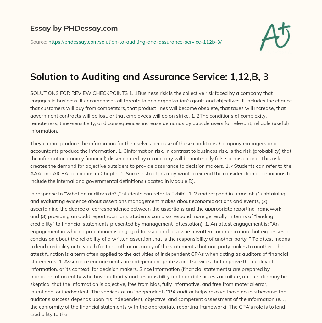 Solution to Auditing and Assurance Service: 1,12,B, 3 essay