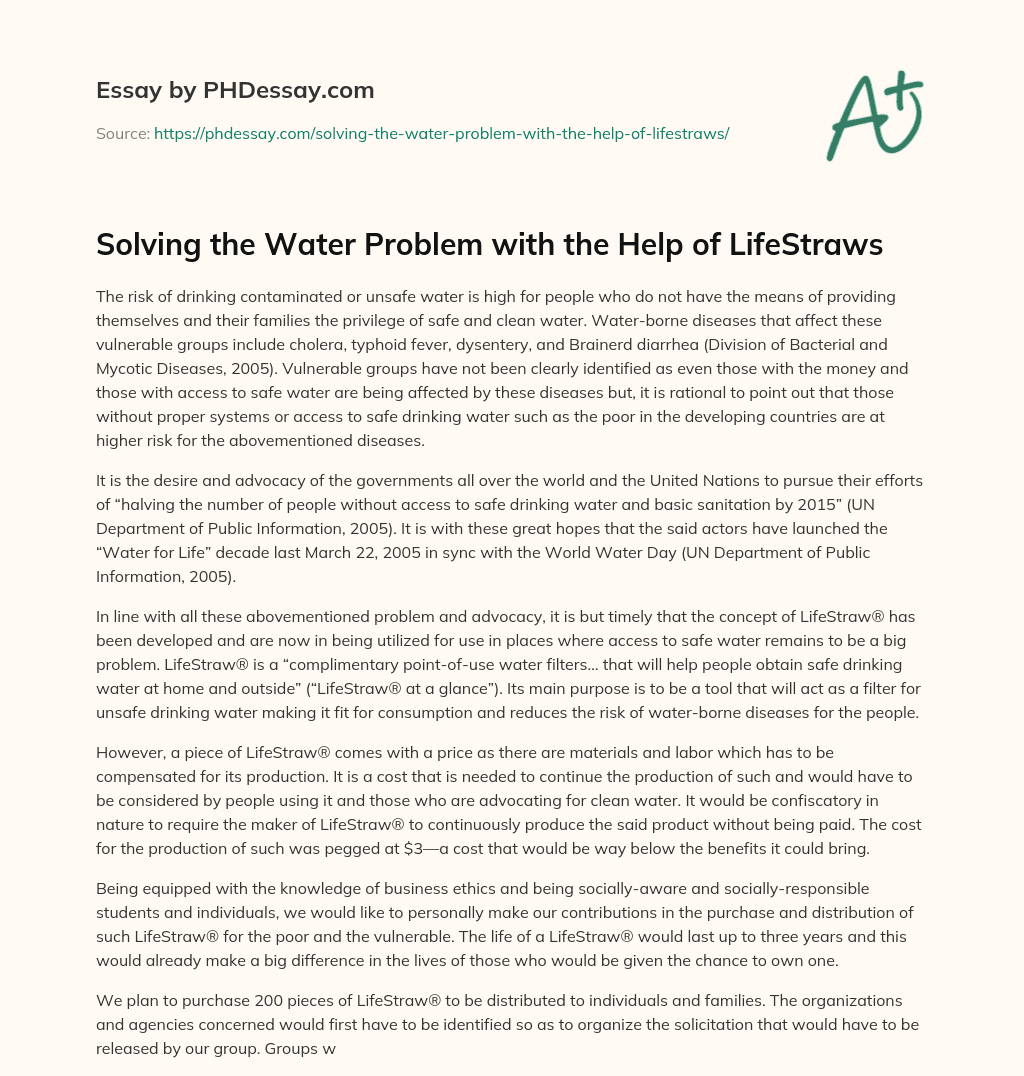Solving the Water Problem with the Help of LifeStraws essay
