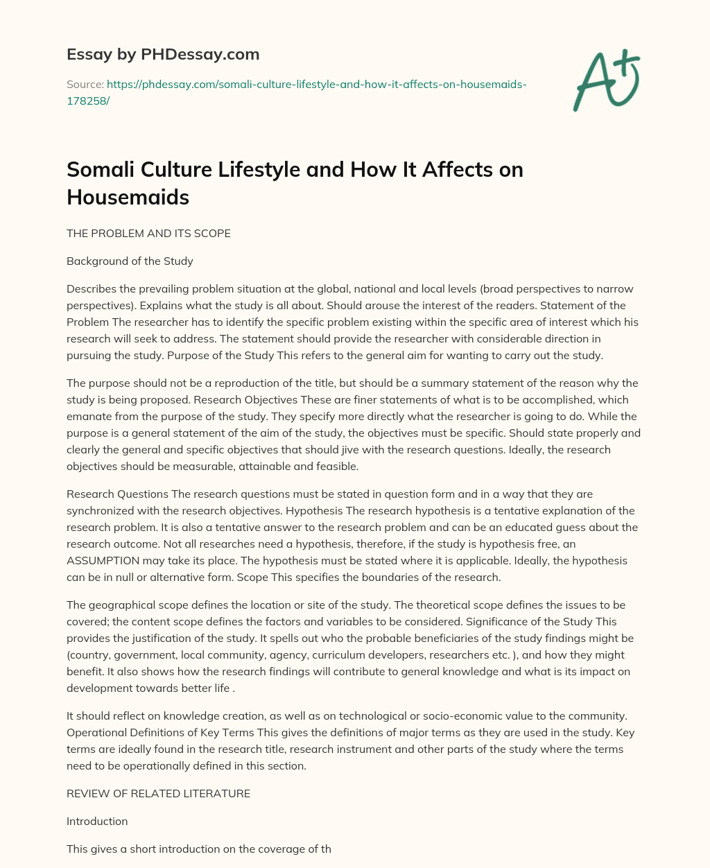 Somali Culture Lifestyle and How It Affects on Housemaids essay