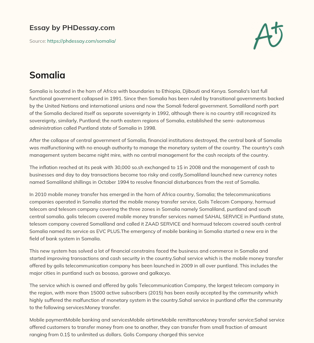 Somalia’s Struggle with Governance and Financial Stability essay