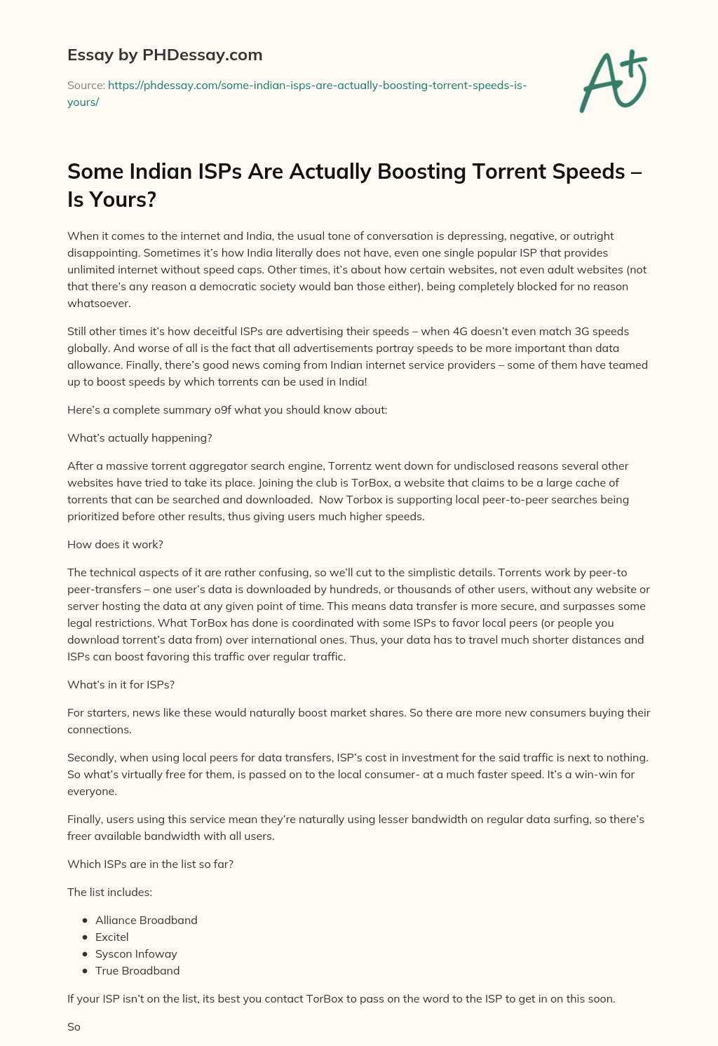 Some Indian ISPs Are Actually Boosting Torrent Speeds – Is Yours? essay