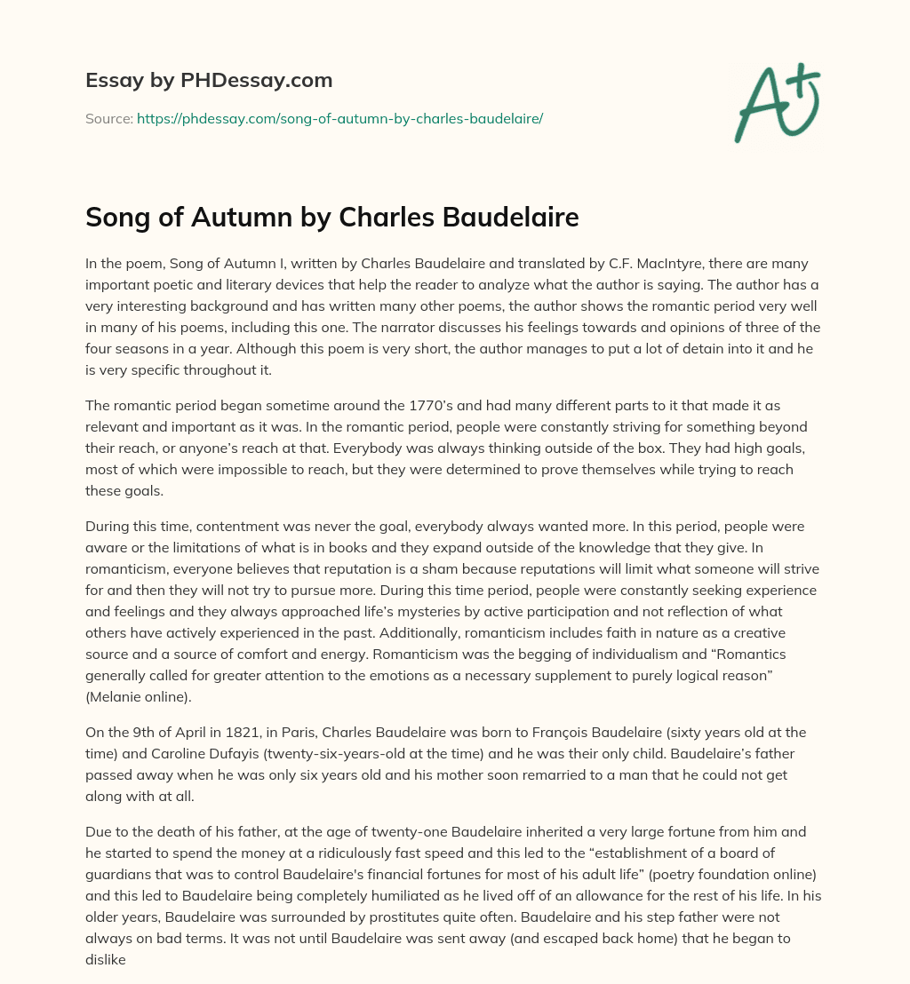 Song of Autumn by Charles Baudelaire essay