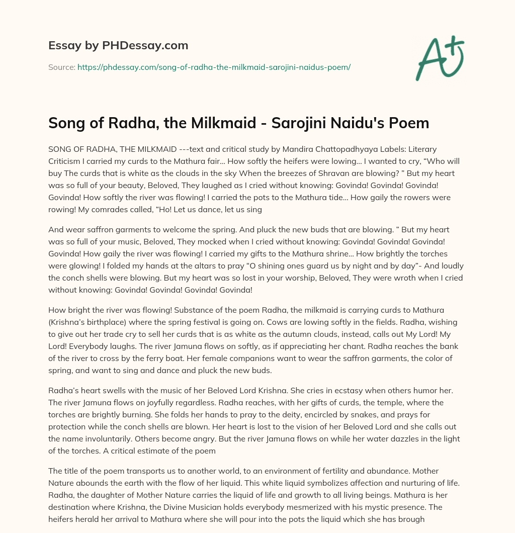 Song of Radha, the Milkmaid – Sarojini Naidu’s Poem essay